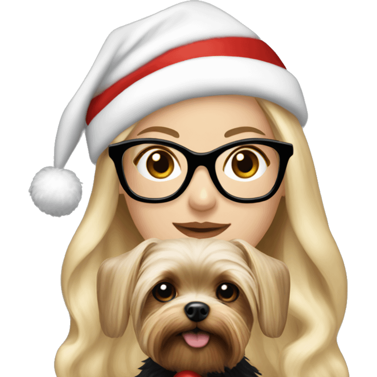 Beautiful white woman, long blonde hair and black glasses wearing a santa hat holding Yorkshire terrier emoji