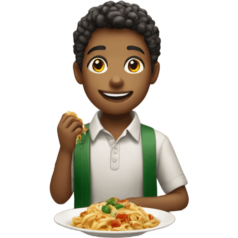 smiling boy in collared shirt eating Italian food emoji