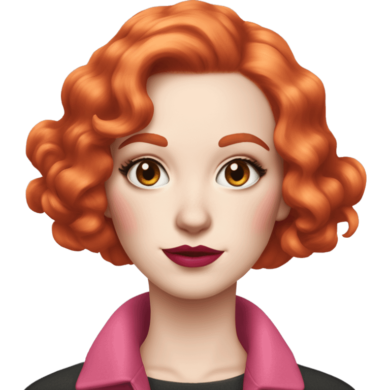 Woman with very pale skin, with bright red curly bob hair that is parted on the side, heavy eye makeup, cat eyeliner, long eyelashes, bright pink blush and bright pink lipstick  emoji