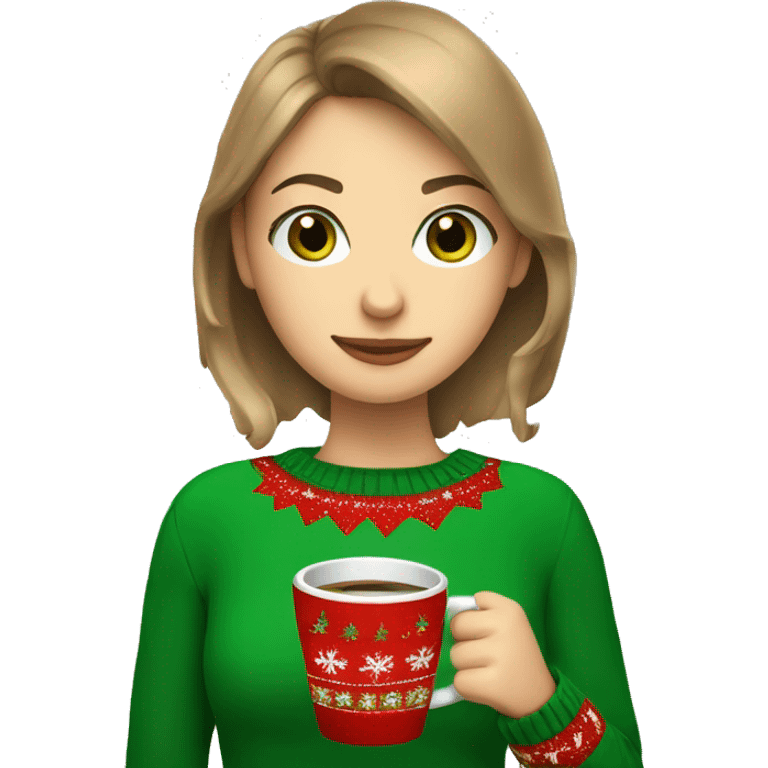 Light brown short haired girl with green eyes drinking coffee wearing Christmas sweater emoji