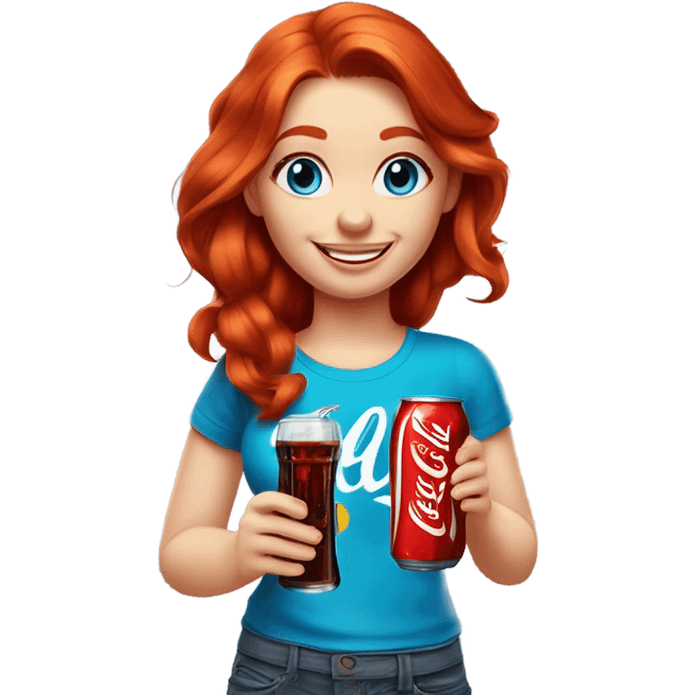 red-haired beautiful blue-eyed girl with fair skin in a T-shirt with a smiley face and a smile with a Coca-Cola in her hands emoji