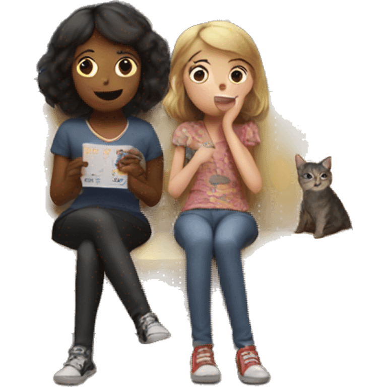 Two girls and a cat watching a movie in a house in Paris emoji