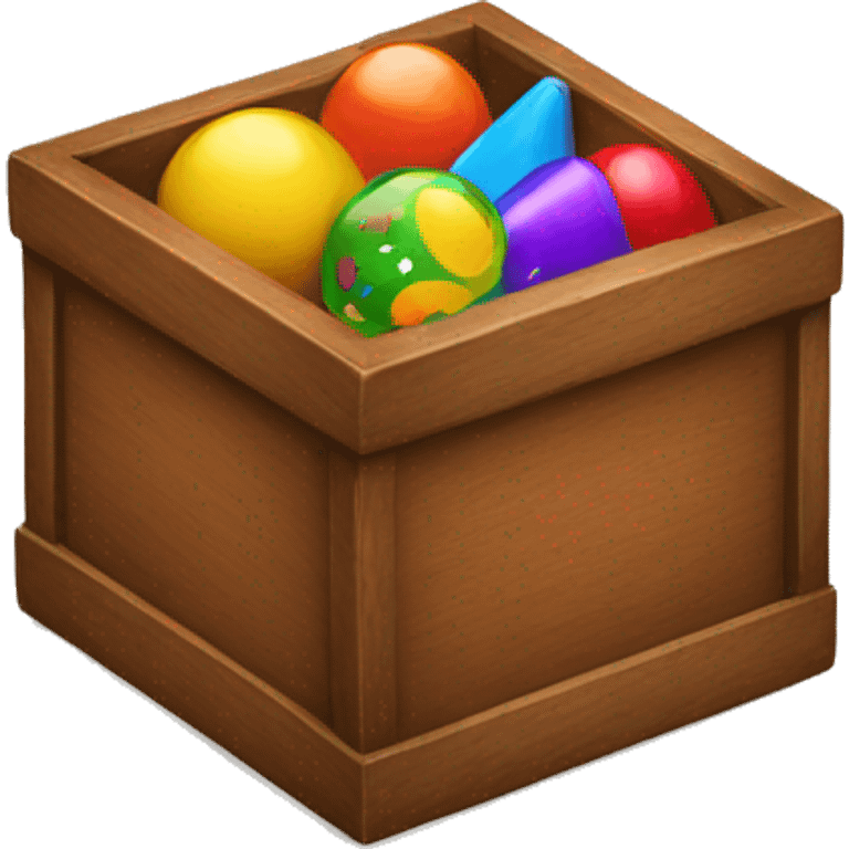 a brown wooden box with colorful toys inside emoji