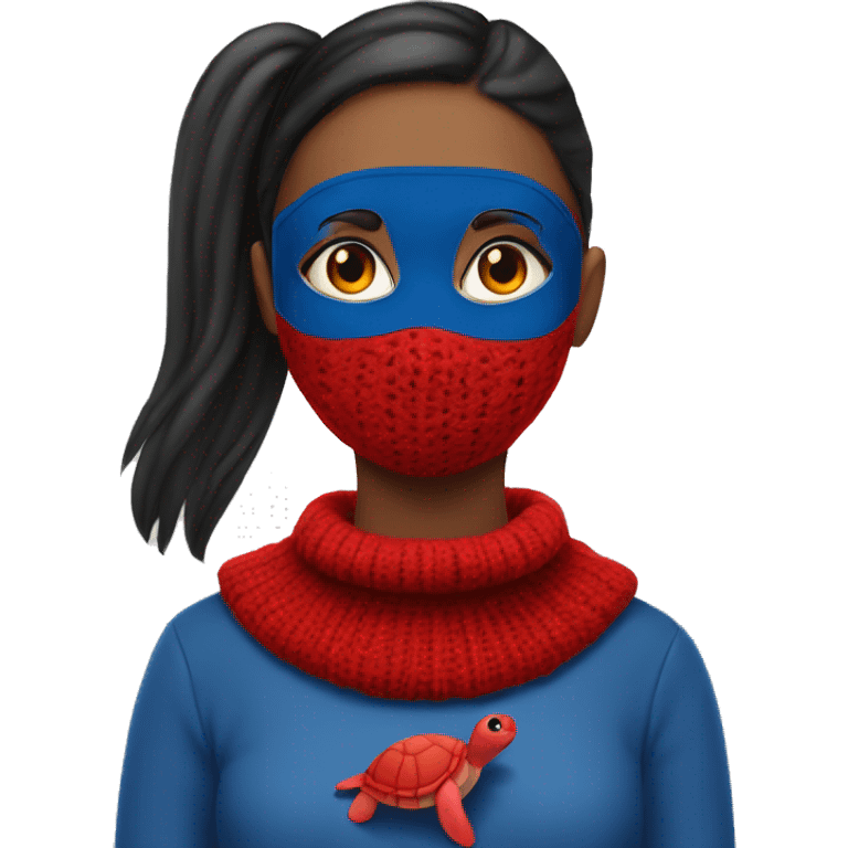 girl with blue eyes, a red mask around eyes, dark blue pigtails, and a red turtle neck sweater emoji