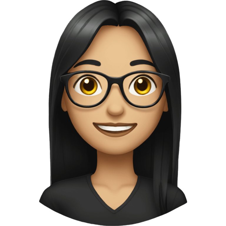 girl wearing black clothes, with long black hair, glasses, smile,  emoji