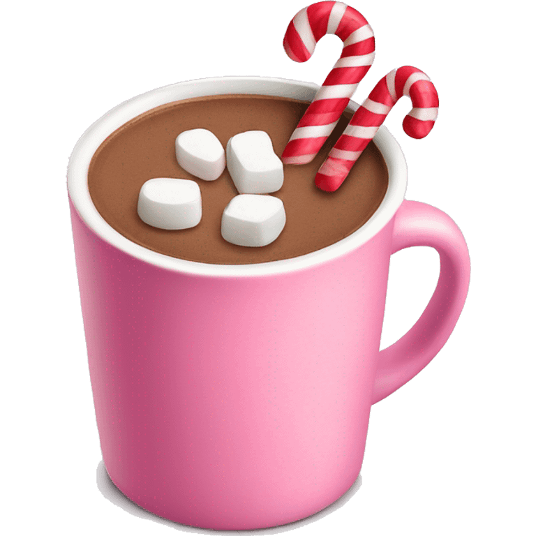 Hot cocoa in a pink mug with marshmallows and candy canes  emoji