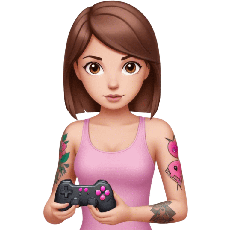 White girl with arm tattoo and brown hair holding a pink game controller emoji