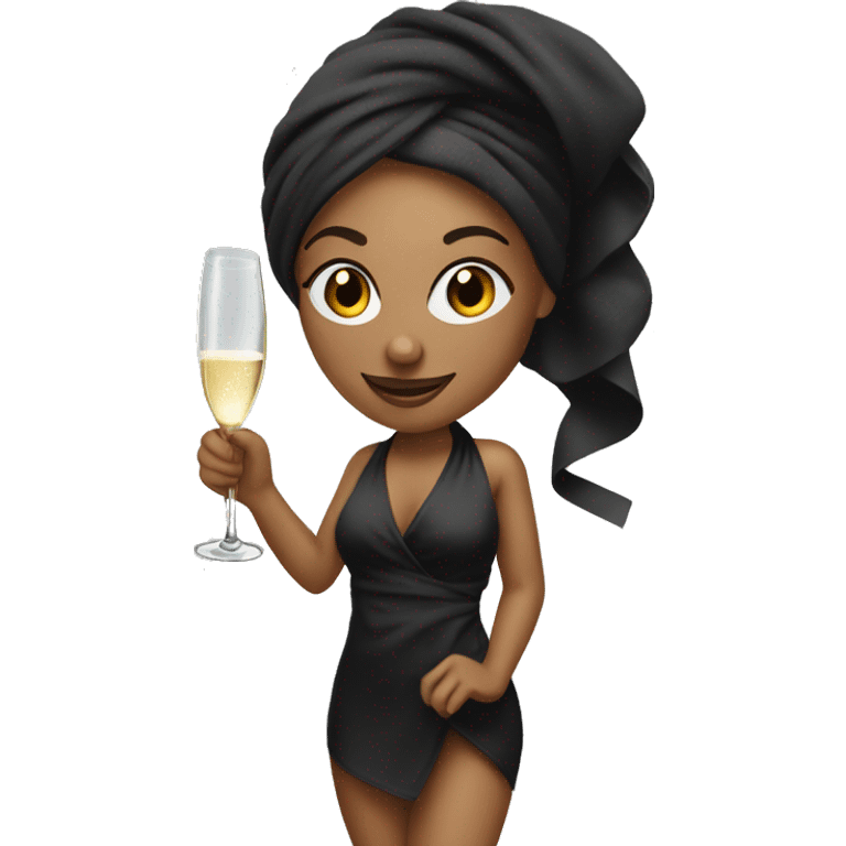 Girl with towel wrapped around hair holding a champagne glass and bottle in black high heels  emoji