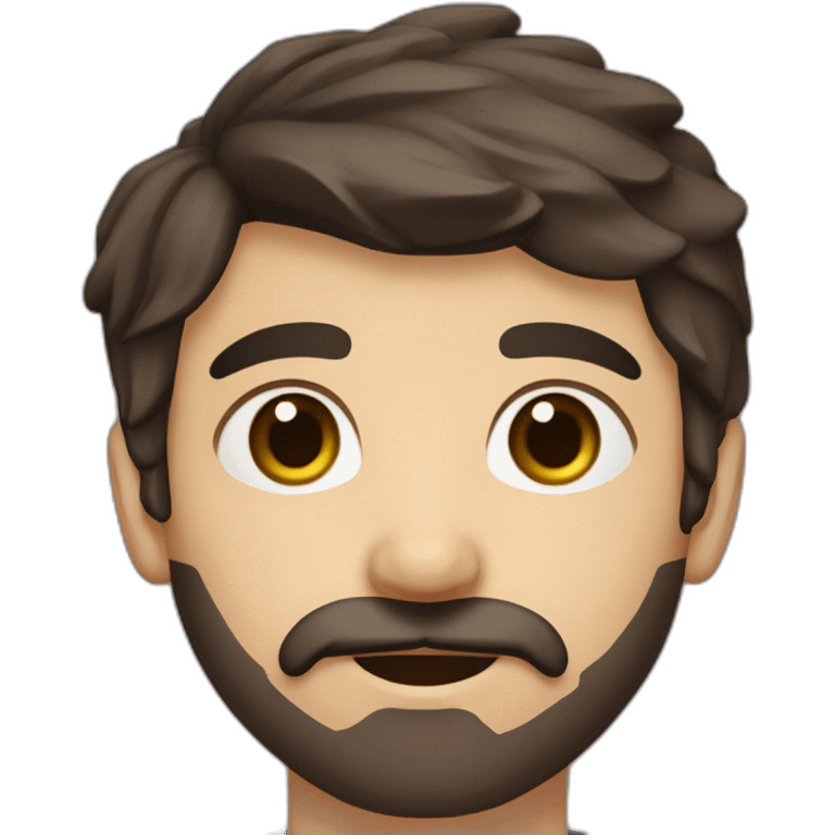 A young Caucasian man with dark brown eyes, almond-shaped eyes, short dark brown hair, and a small dark brown beard with a more prominent mustache. emoji