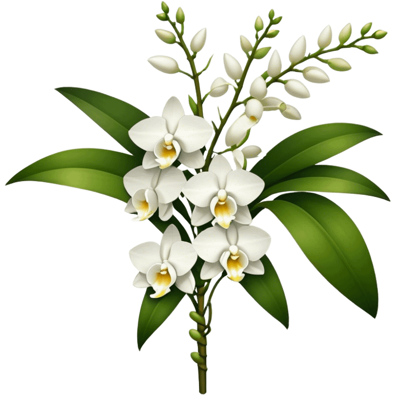 big bouquet white Dendrobium Orchid, stem, leaf emoji