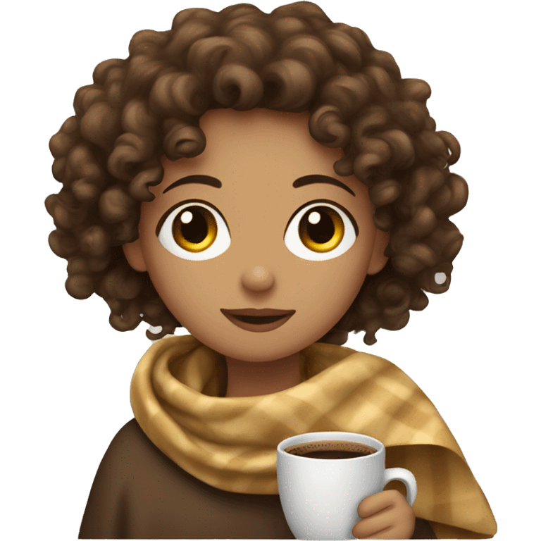 curly brown hair girl with a blanket drinking coffee  emoji