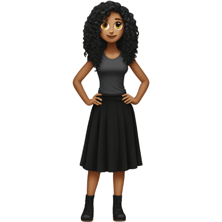 Tan girl with black long curly hair black skirt full body emoji