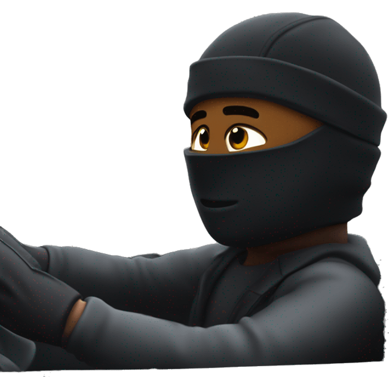 Side POV of a white roadman in a black ski mask driving a sports car, city streets blurred in the background, intense and focused expression emoji