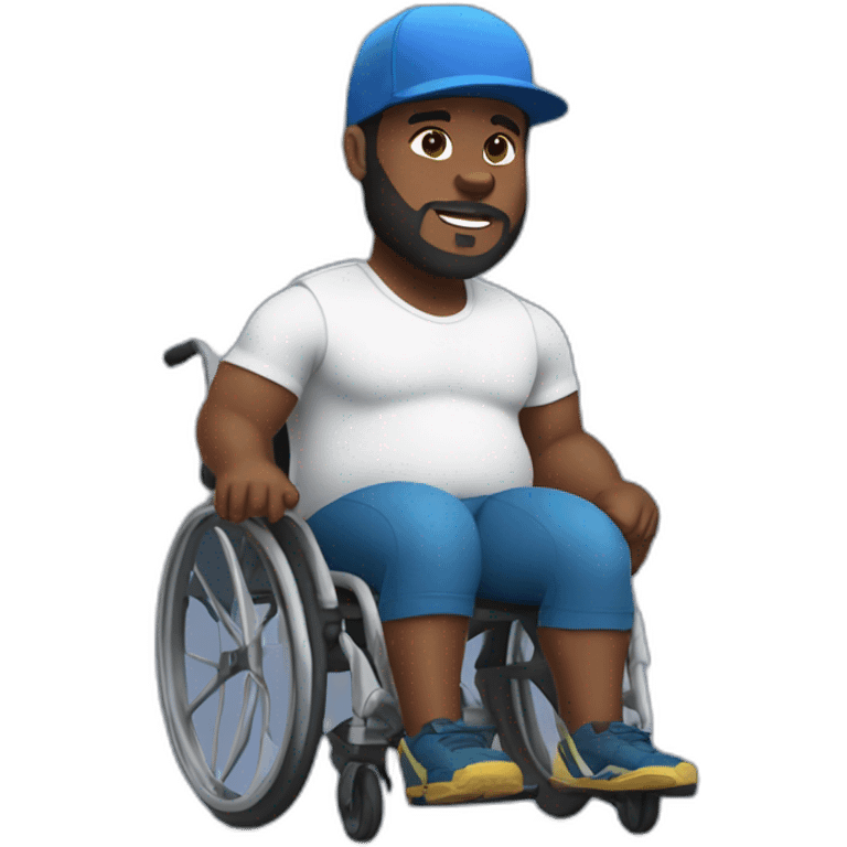 big-bellied, fat and muscular black man with beard and ball cap in a wheelchair with two prosthetic legs emoji