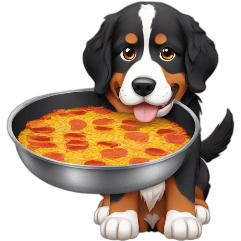 Bernese mountain dog eating a paella emoji