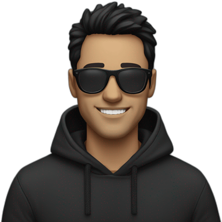 White man smile in face with black tinted glasses and black hair in a black hoodie with black hair  emoji