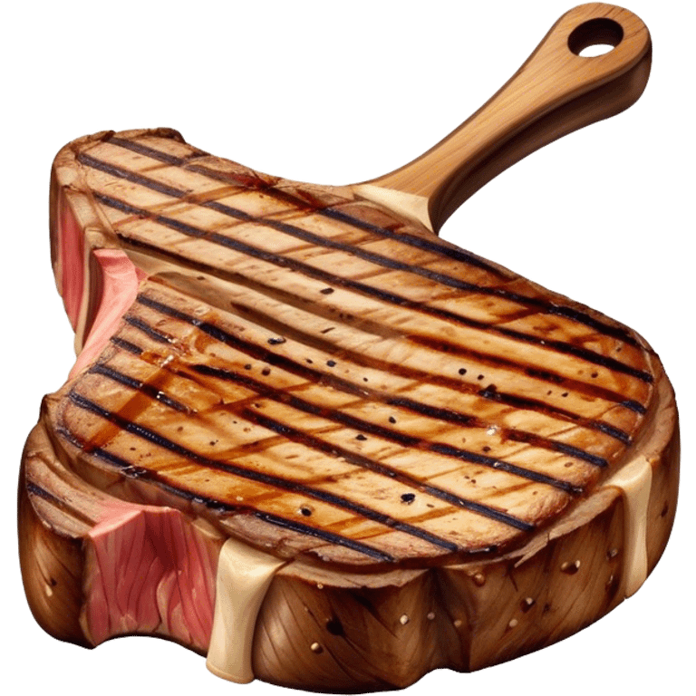 Cinematic thick-cut t-bone steak, perfectly seared with grill marks, a grilled center, rich and savory, warm glow, sizzling and mouthwatering, highly detailed and appetizing. emoji