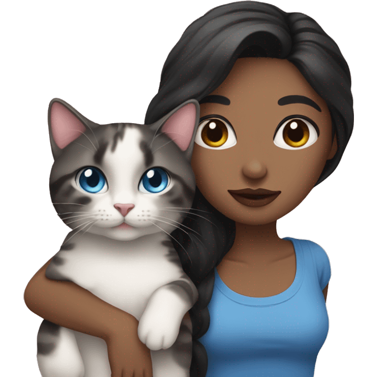 Woman with dark long hair, pink lips and blue eyes holding a tabby cat  emoji