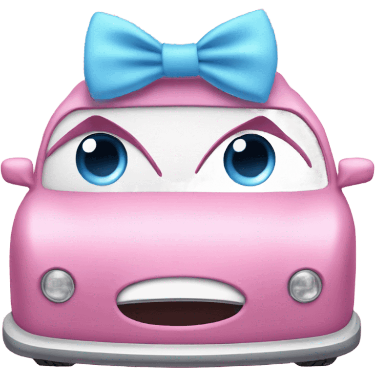 Car with light pink bow and blue eyes emoji