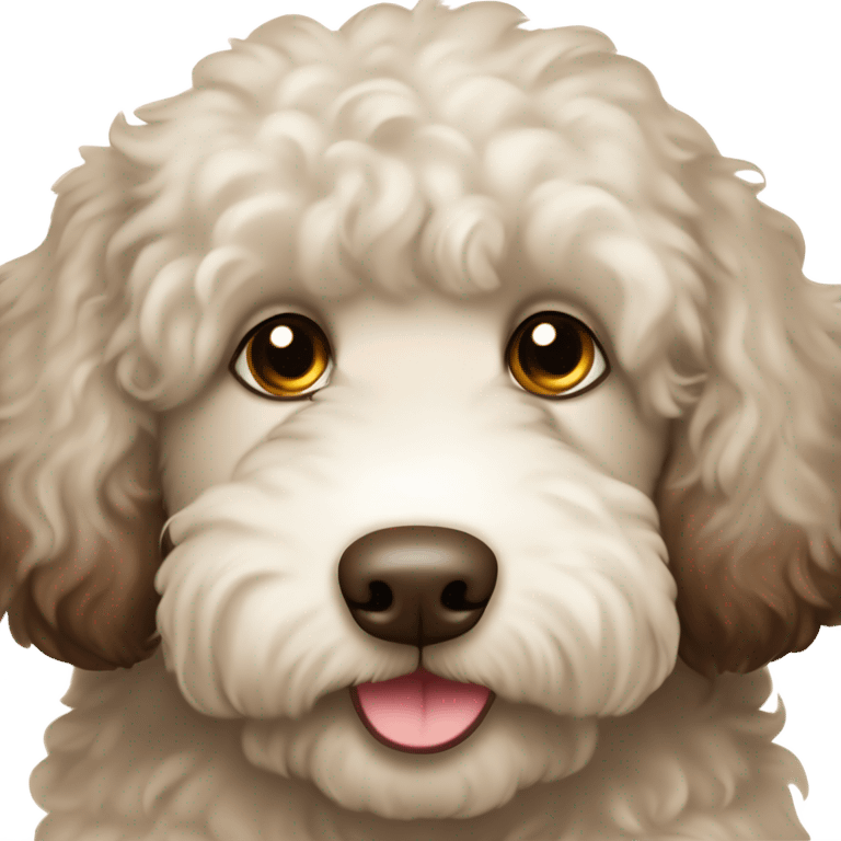 Cream and chocolate brown with spots chubby labradoodle with white chest and dark brown eyes  emoji