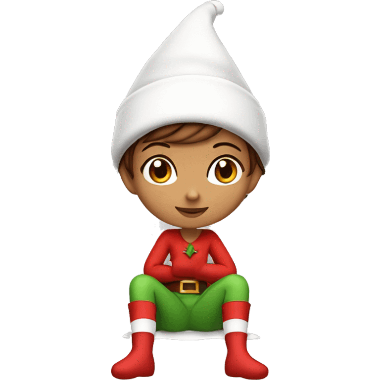 Girl with  brown short hair in red elf hat in a sitting position holding her knees ￼ emoji