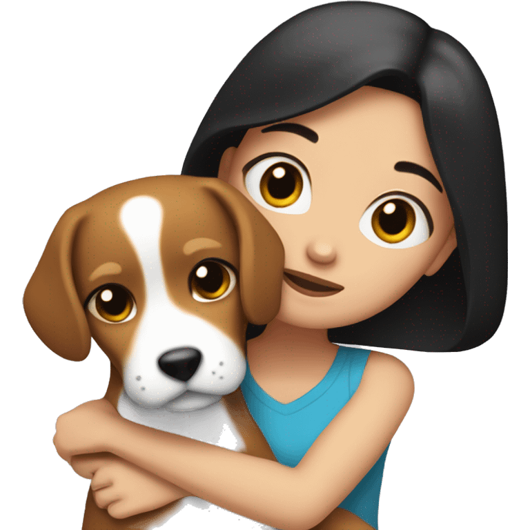 White girl with black hair hugs beagle emoji