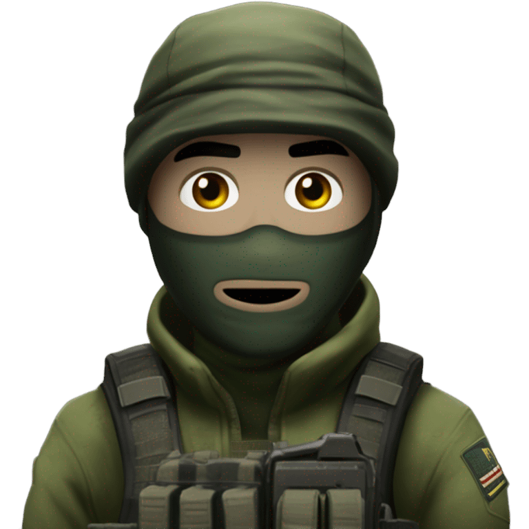 white male, pale skin, call of duty dark mask, green camo tactical gear, combat boots, black beanie, hazel eyes emoji