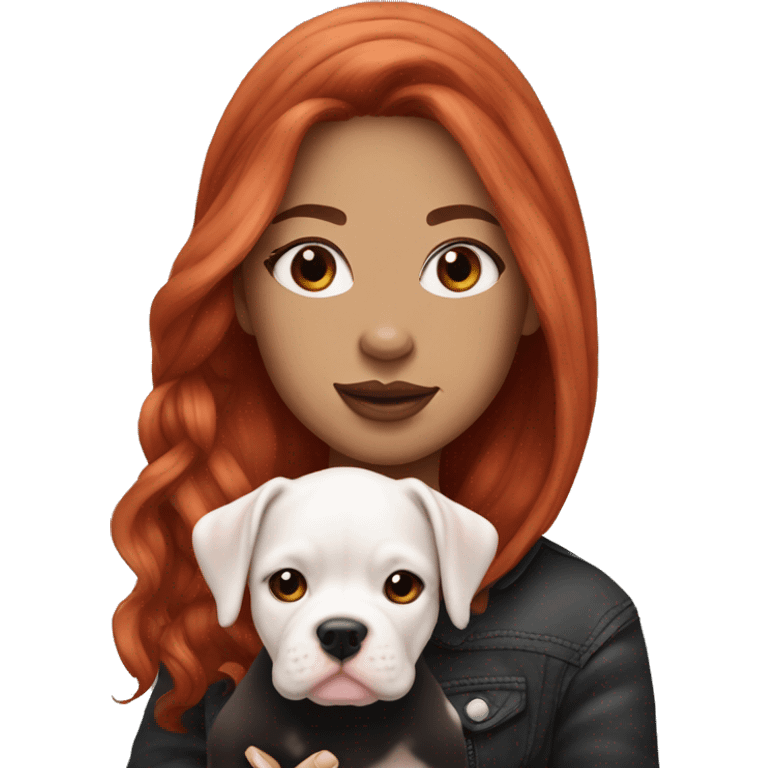 Long Red haired woman in beanie with septum piercing holding black and white English Staffordshire puppy emoji