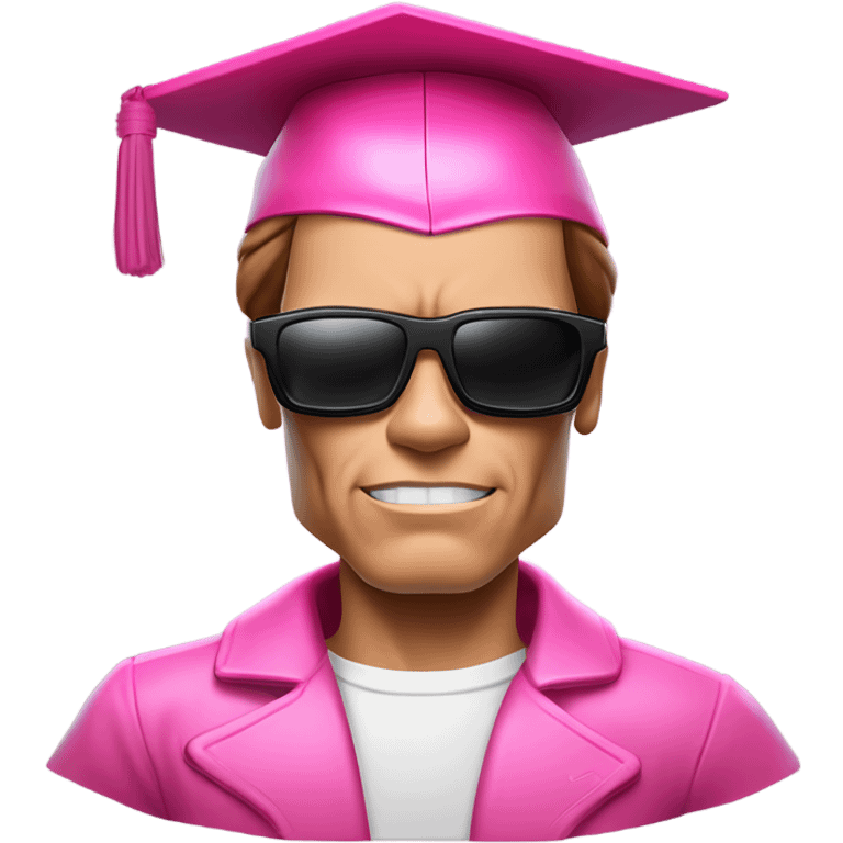 Schwarzenegger-like Terminator, upper body only, wearing his iconic clothes in pink, with a pink graduation hat (it's must have), looking more human with minimal robotic details, and wearing dark sunglasses. emoji