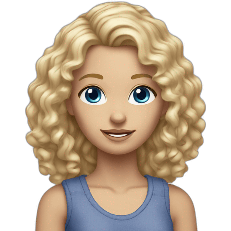 realistic caucasian long curly blonde blue eyed woman purple top blue jeans white sneakers emoji