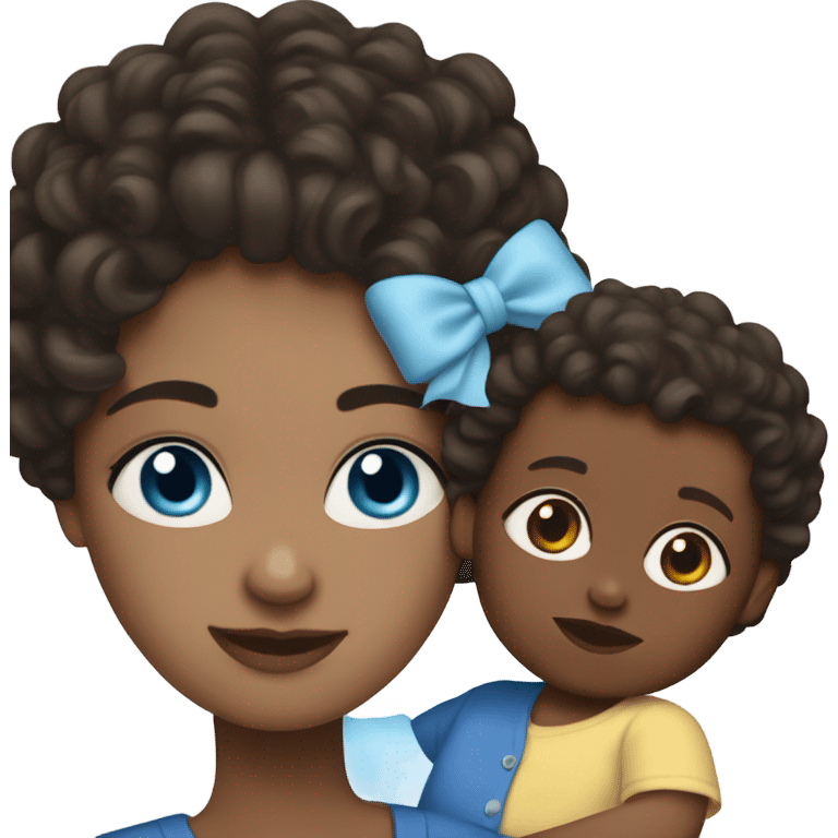 White mother with dark brown hair and blue eyes holds mixed baby with dark brown curly hair emoji