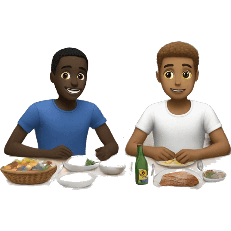 Gay couple, one black boy, one white boy, eating at a dinner table ￼ emoji