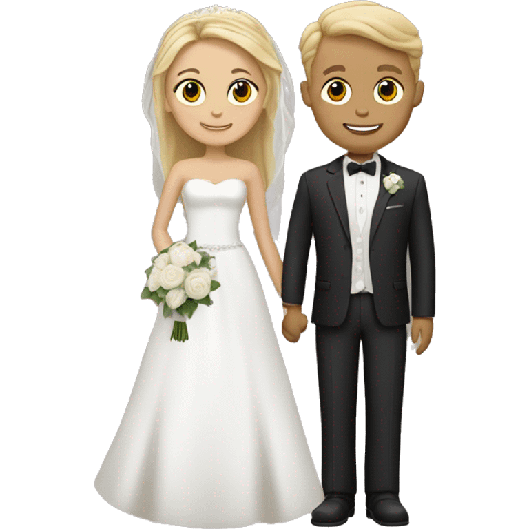 Bride with groom, both have light skin, bride is blond, groom is brown hair emoji