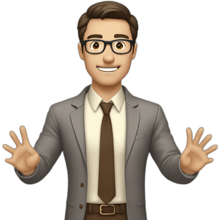 To belt Actively gesturing with hands Pale skinned fit man with dark brown hair in gray jacket, beige office shirt, brown tie, brown pants and vintage glasses. emoji