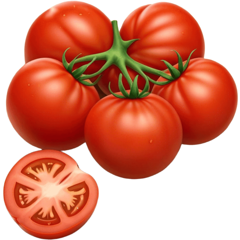 Cinematic juicy ripe tomatoe, deep red, slightly dewy, arranged on a wooden cutting board, soft glowing background, rich and flavorful. emoji