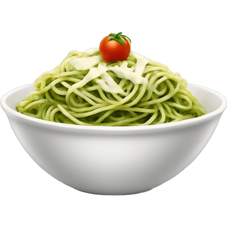 A big bowl with spaghetti with green pesto with mozarella and tomato  emoji