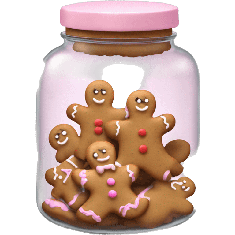 Realistic glass cookie jar with light pink lid full of gingerbread cookies isolated.  emoji