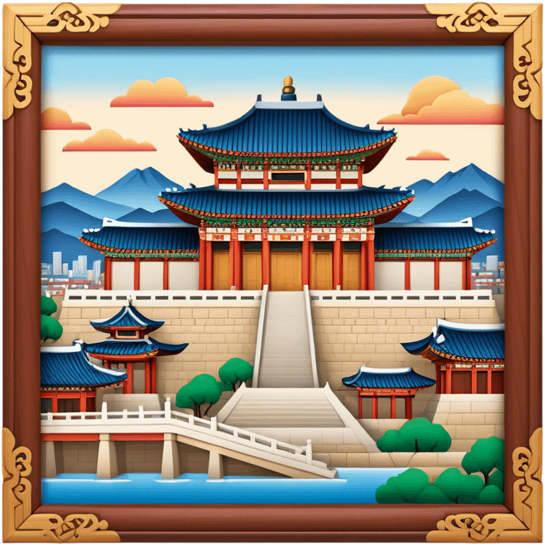 Cinematic Realistic Gyeongbokgung Palace Landmark Emoji, rendered with traditional Korean architecture, ornate wooden carvings, and vibrant colors, set against the backdrop of modern Seoul with soft evening light. emoji