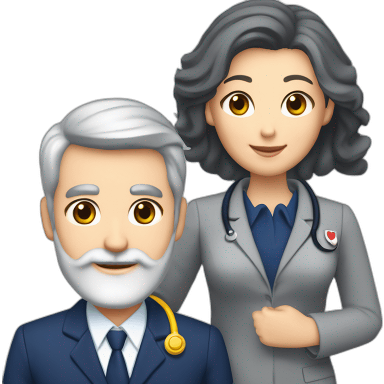 husband classy caucasian 55 dark gray hair trimmed beard wearing navy blue business suit holding bible, with wife asian age 55 dark hair nurse uniform, no children emoji