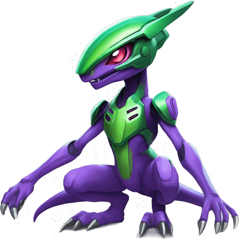 a purple-green Genesect-Raptor-Fakémon—hybrid with a futuristic visor-helmet full body emoji