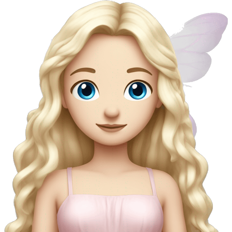 Beautiful, peony, fairy, light pink, long blond hair, big wings, fair skin, blue eyes  emoji