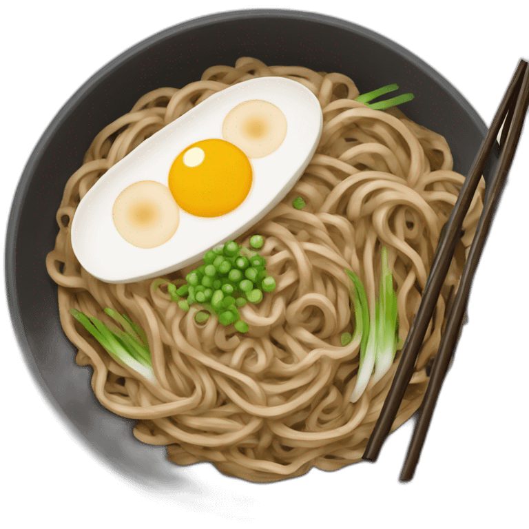 bowl of japanese buckwheat soba noodles with one pair of chopsticks and spring onions emoji