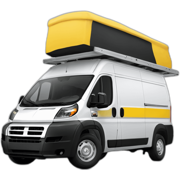 a white promaster van with four yellow stripes and a roof rack emoji