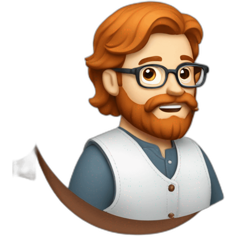 Red smooth haired man with beard and glasses sewing a leather saddle emoji