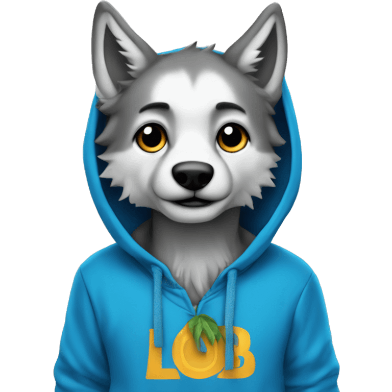 Lobo bonito con hoddie azul que dice UDLA emoji