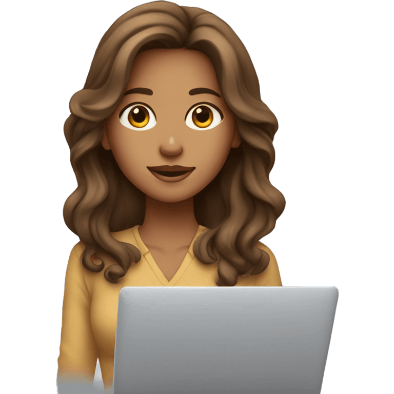 Girl with long semi-wavy brown hair and tan skin, working on macbook emoji