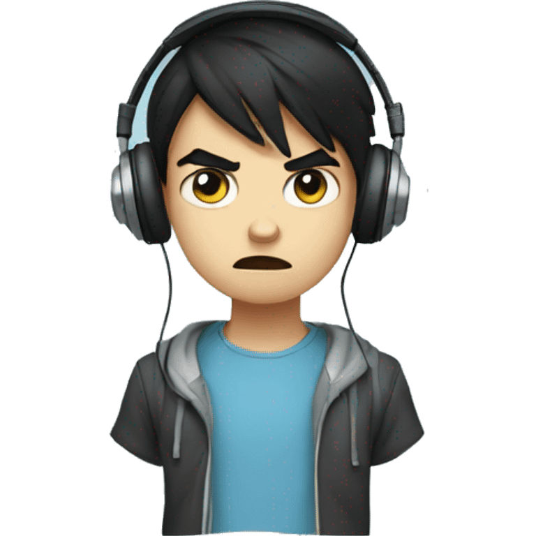 angry tween boy with black hair, light blue eyes, and headphones emoji