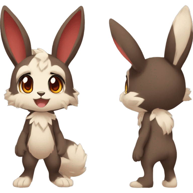 Cute, Chibi, Kemono-style, Anthro, Fur-Sona, Dark-Brown, Normal-type-Ground-type Tan-Rabbit-Fakémon with Dark-Red eyes, beige belly, beige paws, beige feet, beige freckles, full body emoji