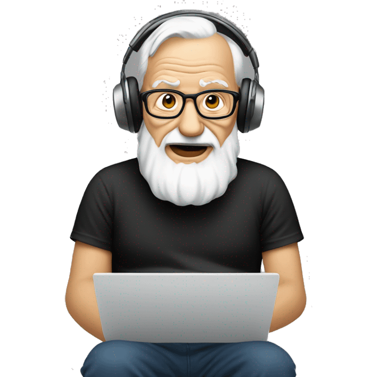 old man playing on PC with heaset  black t-shirt emoji