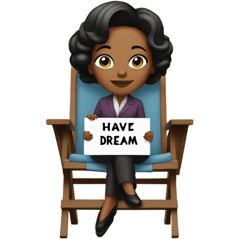 Coretta Scott sitting in a folding chair holding a sign that says I Have A Dream emoji